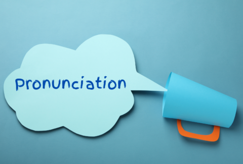 Speech bubble with the word 'Pronunciation' coming out of a megaphone, symbolizing communication and clarity in spoken English.